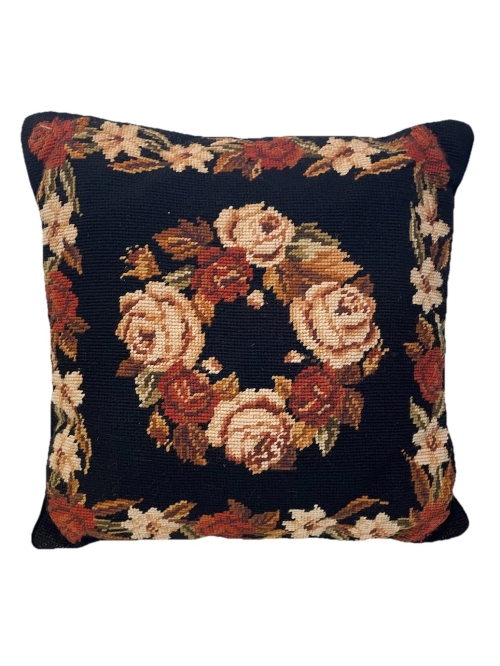 NeedlePoint Black Wool & Autumn Roses Pillow Case Handmade 16 X 15.5